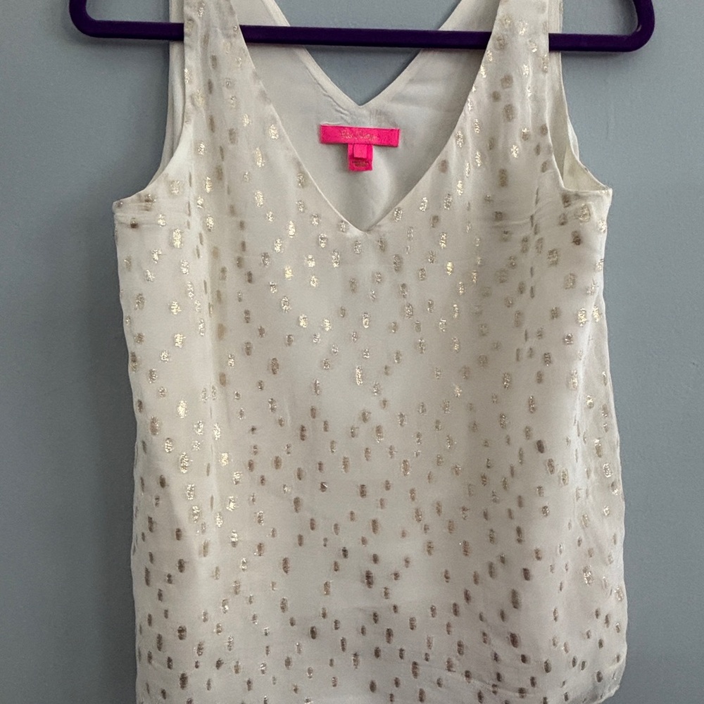 Lilly Pulitzer Florin Silk Sleeveless V Neck Coconut Clip Chiffon Tank Top